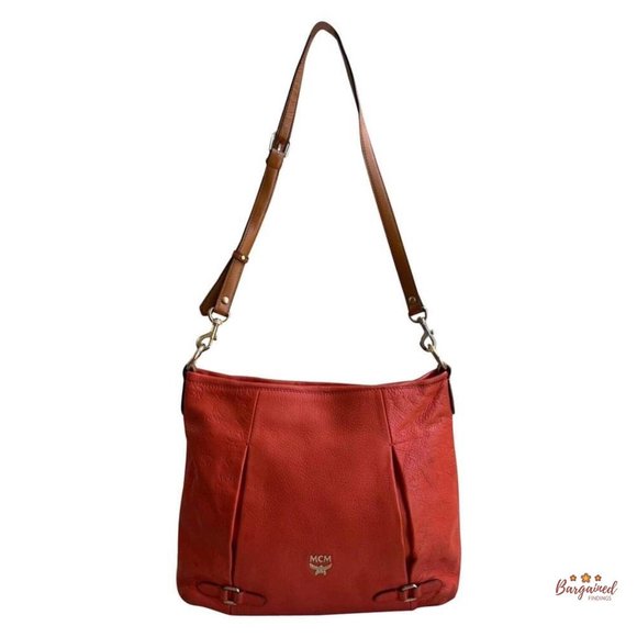 Authentic MCM Orange Monogram Embossed Leather Medium Shoulder/Crossbody Bag
